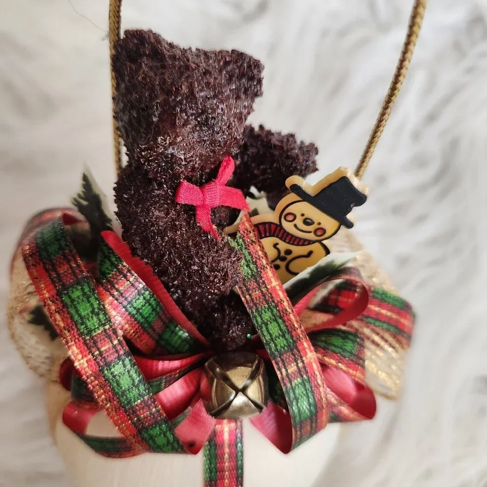 Vintage Christmas Tree Ornament Bear Bell‎ Ribbon